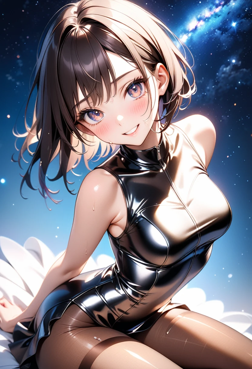 (Evil smile), (((Costumes that exude sexy evil, Gorgeous embroidery, Leather panties, skirt, Pantyhose))), ((Shiny Costumes)), ((skindentation)), skinny, solo, 1 woman, Masterpiece, highest quality, highest quality, 16K, incredibly absurd, highly detailed, 2.5D, ai-generated, delicate and dynamic, very delicate facial expressions, delicate eye depiction, erotic, only sexy woman, ((A cute and kind face)), healthy figure, ((25-year-old woman)), 160cm tall, medium firm swaying bust, Dark Hair, blush, Sweat,Embarrassed,sexy, ((thin thighs)), shiny and lustrous, facing straight at viewer, (((in heat))), ((Oily_skin)), ((Lots of sweat)), (((Brown Skin))), ((dutch angle)), ((erotic pose)), (((Dynamic Pose))), ((Starry Sky)), (Metallic clothing:0.9), (sit),