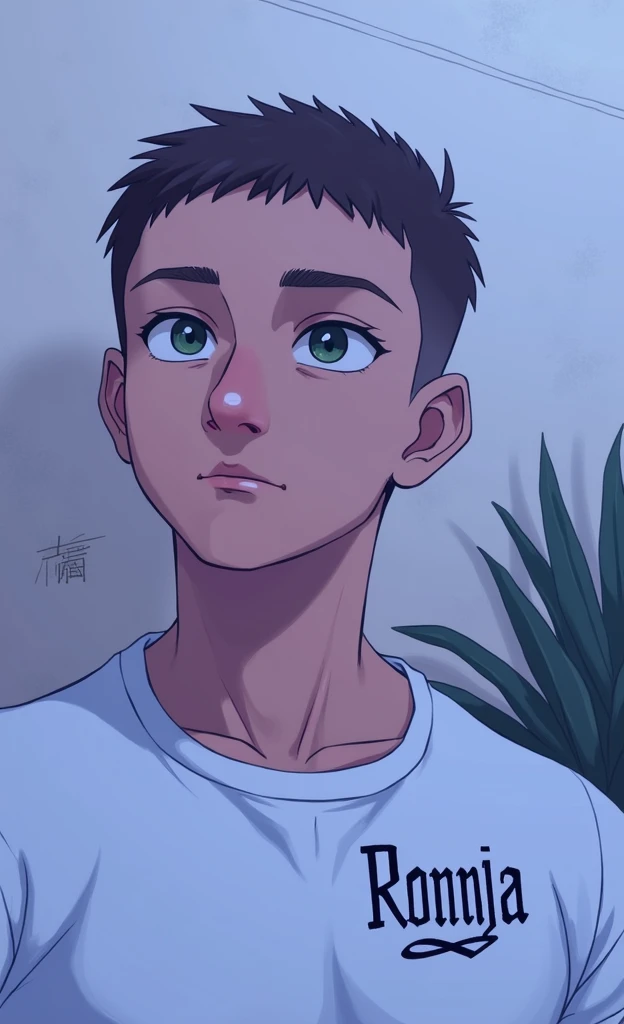 Boy with short brown hair showing his muscles, sixpack, shaved, he has a tatto on his chest where stands Ronja, jawline, big nose, green eyes, Realistic photo