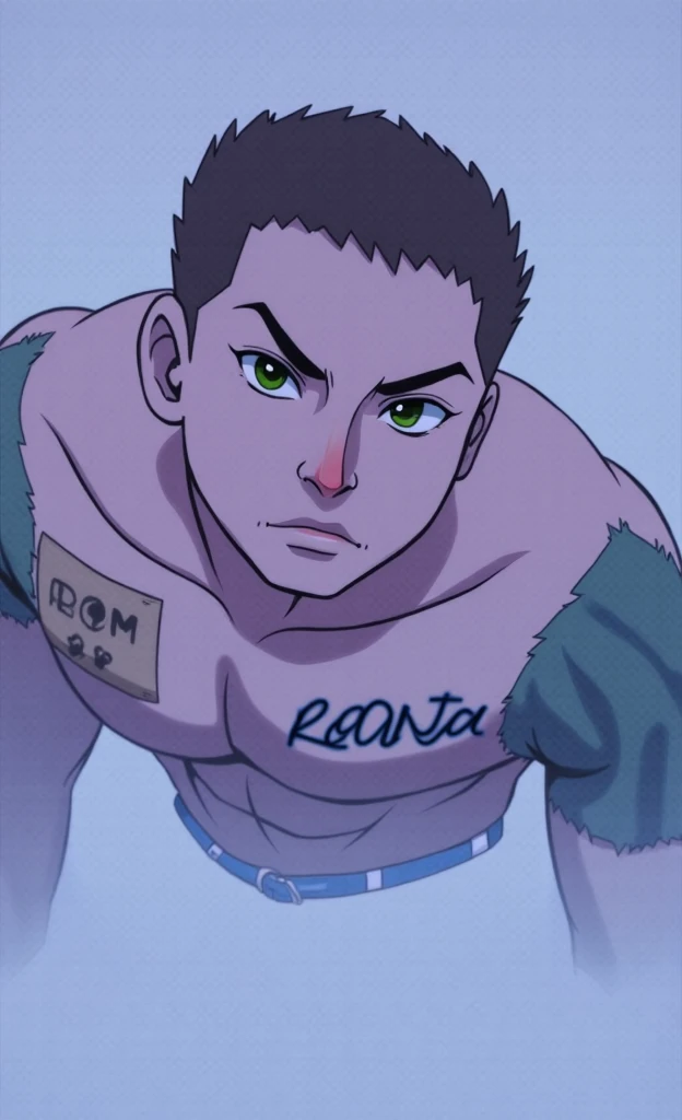 Boy with short brown hair showing his muscles, sixpack, shaved, he has a tatto on his chest where stands Ronja, jawline, big nose, green eyes, Realistic photo