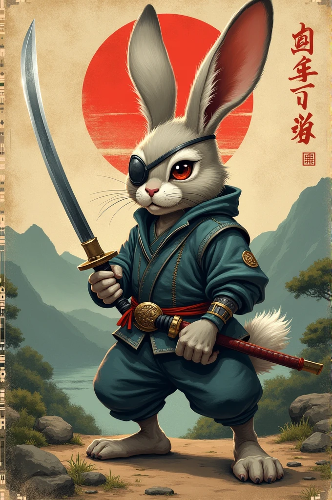 A rabbit with an eye patch on his right eye carrying a katana