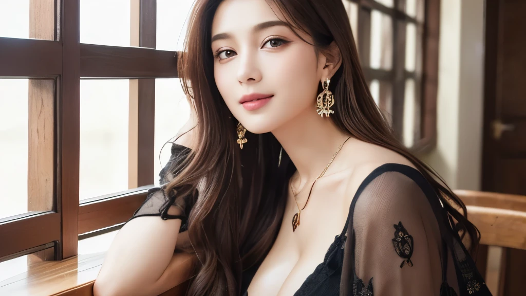 Highest quality、High resolution、8k wallpaper、Dense and beautiful eye-glue hair、(Beautiful breasts:1.3)、Natural color lip、25-year-old woman、Brown Hair、smile、Semi-long hair、Hair tied up、Wearing a necklace and earrings、Wearing cute black clothes、Inside the house、Home drinking、