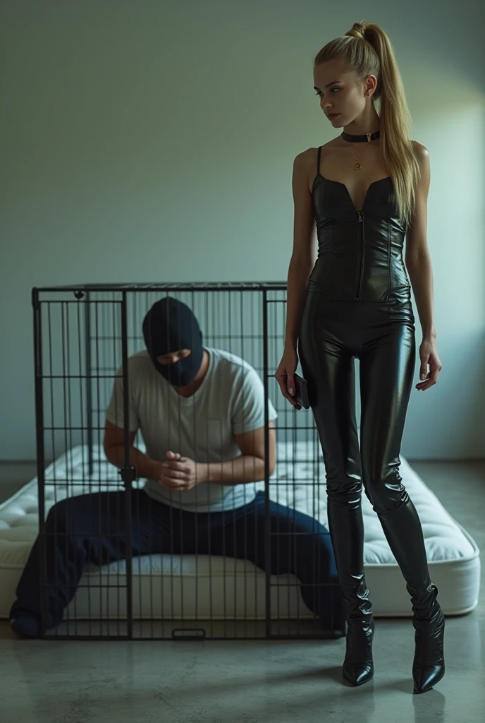 photorealistic slim tall Teen girl with blond ponytail, wearing a black leather crotchless-jeans, serious face , confident, black thong, tight leather shirt, very big  black leather heels, sitting on matras on the floor, looking towards a dog-cage, Watching her phone. With a man in it with a black headmask with eyes and mouth hole, white shirt and dark blue sweatpants 