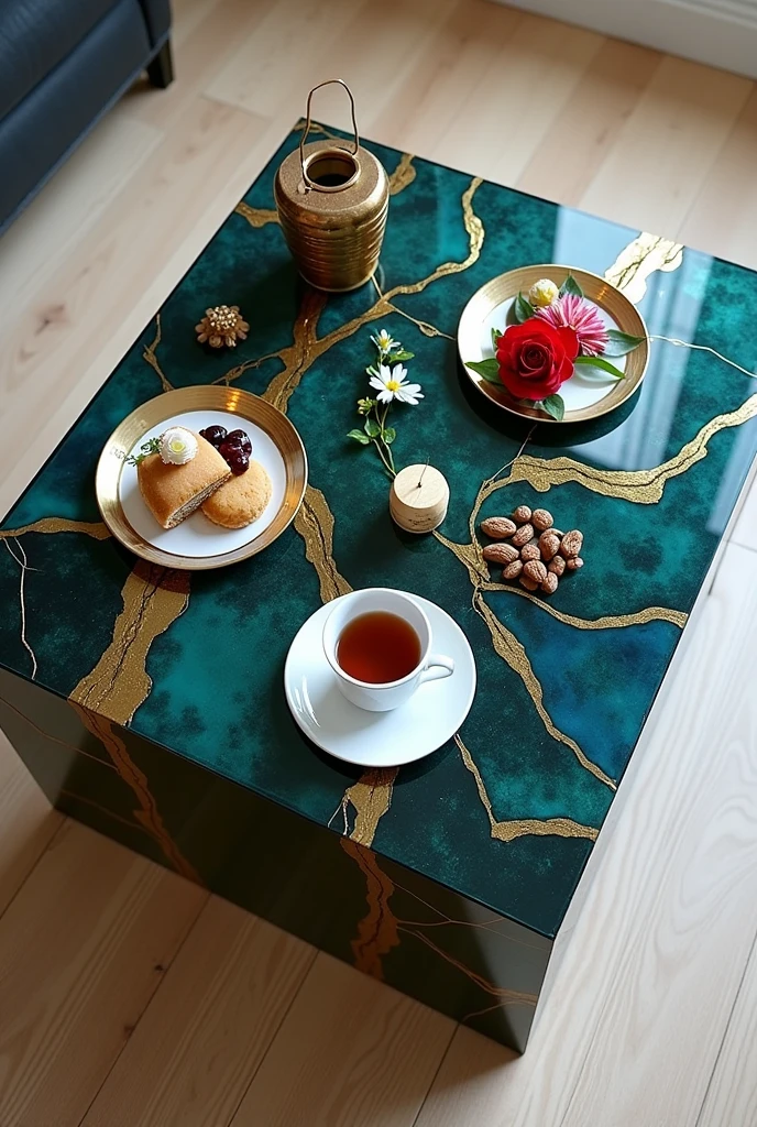Small square table, perfect for serving coffee, handcrafted with a two-way mirror glass top that creates a stunning visual effect resembling a deep, endless tunnel.. The table is completely covered with a layer of epoxy in shades of blue and dark green, interspersed with shiny gold stripes in the form of veins and intertwined lines exactly as in the picture, which gives a sense of luxury and distinction. The sides are completely covered with epoxy with no visible gaps.. The table is decorated with simple decorations such as golden swags, small flowers, a cake, nuts, a red rose, and a tea cup.. The table is placed on a light-coloured wooden floor to enhance the contrast between the luxurious design and modern colours, making it a distinctive piece of art in any room or living room.