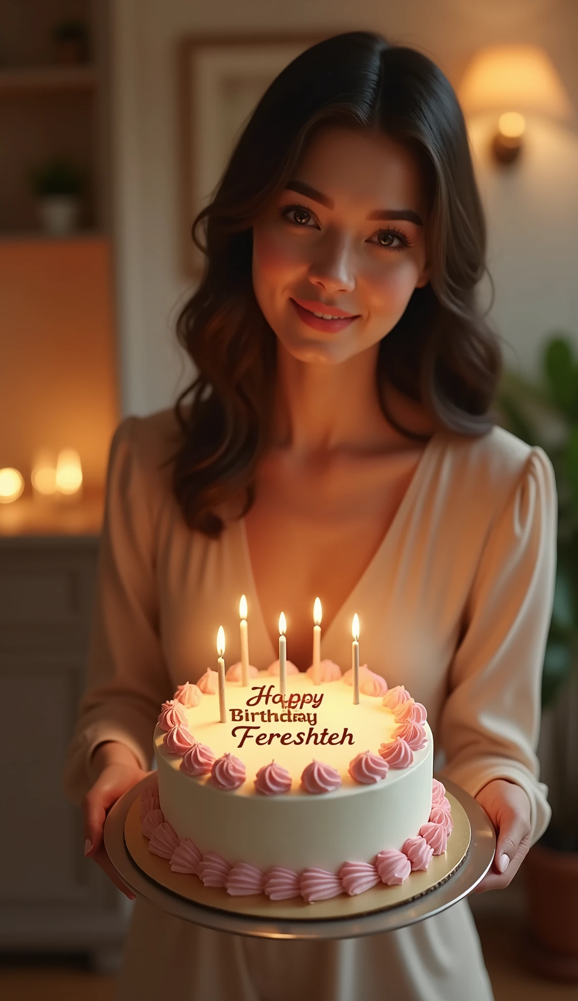 write some imgae generation prompts about a beautiful lady is giving a birthday cake to , leaning to front , like giving birthday cake posture , in a house and friendly ambient , like there is a nice and high quality material written in it "happy birthday fereshteh" , friendly and high quality materail house items , 