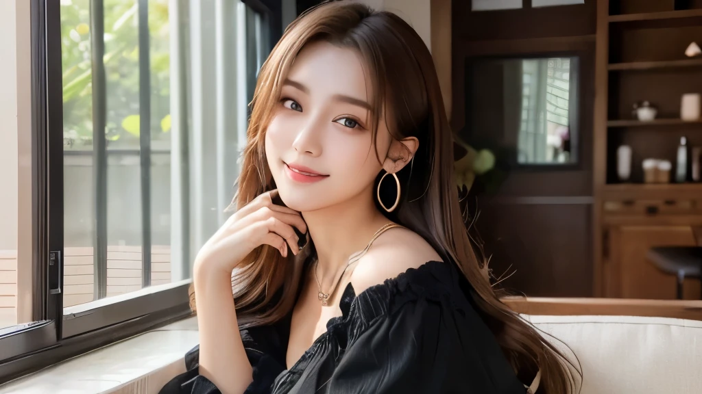 Highest quality、High resolution、8k wallpaper、Dense and beautiful eye-glue hair、(Beautiful breasts:1.3)、Natural color lip、25-year-old woman、Brown Hair、smile、Semi-long hair、Hair tied up、Wearing a necklace and earrings、Wearing cute black clothes、Inside the house、Home drinking、
