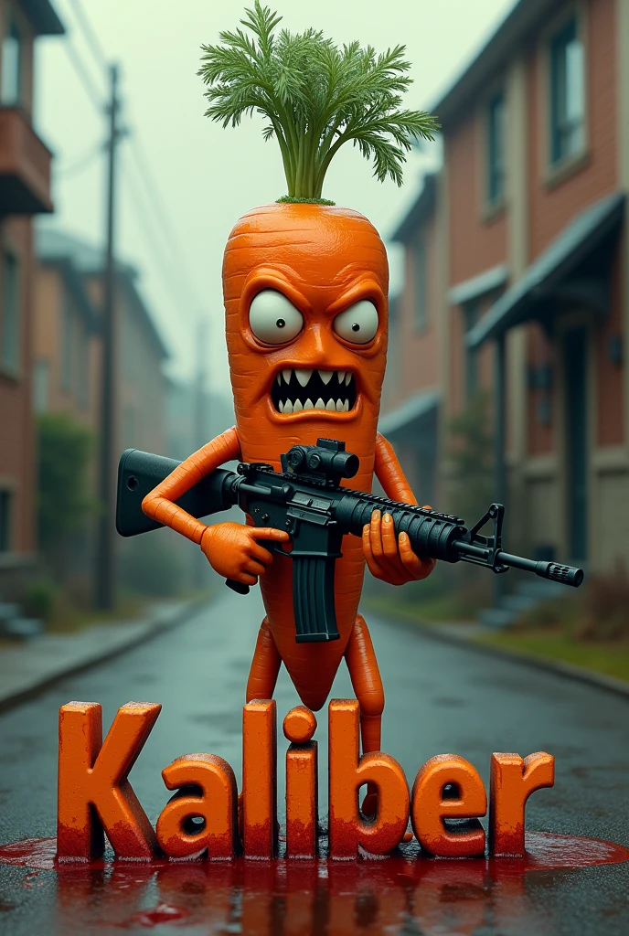 carrot holding an assault rifle, town background, with the word kaliber under it in bloody letters, hyper realism, logo