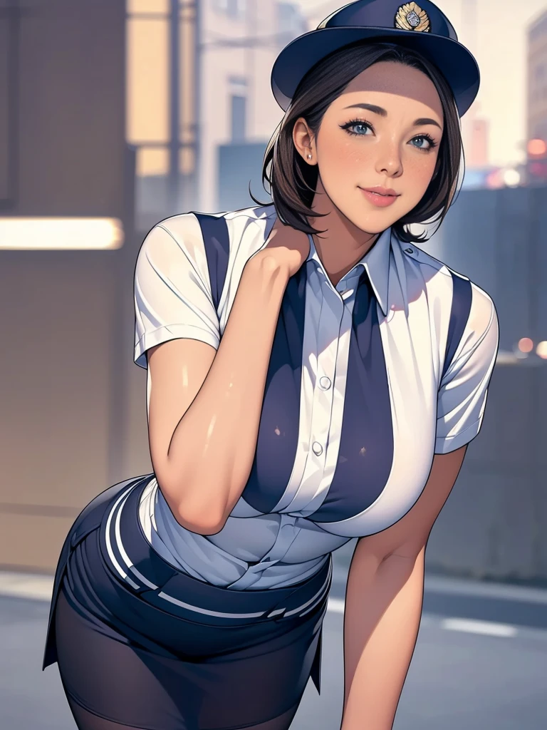 Armpit Show,Sleeveless,(masterpiece:1.2, Highest quality), (Realistic, photoRealistic:1.4),Beautiful illustrations,(Natural Side Lighting, Cinema Lighting),1 female,Japanese,Mature Woman,Female police officer on patrol,4,Perfect Face, Symmetrical face, Glowing Skin,Random Hairstyles,Big eyes,Sexy Eyes,(smile),(whole body),break((Police Officer Shirt)),((A tight mini skirt made from very thin fabric)),(Police hat),(Police Pantyhose),(The background is a street corner:1.5),(((Background Blur:1.5))),((Police uniform)),break(((front:1.5))),(((Leaning forward))),((Beautiful hand-drawn))