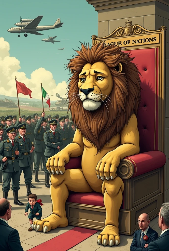 The main figure is a large cartoonish lion representing the League of Nations., sitting on a throne with the inscription "World peace". The lion looks fragile and tired, with a sad expression on his face. Her hair is tangled and disheveled., which symbolizes his lack of strength and determination.
left side:
In the background, A dramatic scene unfolds showing Italian troops in military uniforms marching into Ethiopia.. They are shown aggressive and imposing, with tanks and planes hovering over them. A soldier waves an Italian flag, while another kicks a small Ethiopian figure who looks helpless and distressed, which emphasizes the aggression that Ethiopia faces.
Right side:
By contrast, a group of representatives from various nations, like Great Britain, France and Japan, They are represented standing around the lion, looking disinterested and holding cups of tea or newspapers. They are engaged in a casual conversation, seemingly oblivious to the chaos going on in the background.