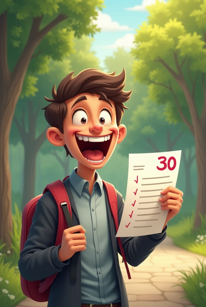 College student smiling exaggeratedly, with an exam in hand, in which he obtained a grade of 30, but the note is seen in a corner, in a park