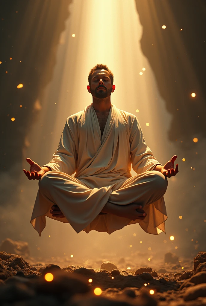 a man in a state of flow meditating, highly detailed portrait, serene expression, levitating, lotus position, glowing aura, warm lighting, cinematic composition, dramatic lighting, photorealistic, masterpiece, ultra-detailed, 8k, unreal engine, volumetric lighting, hyper realistic, vibrant colors