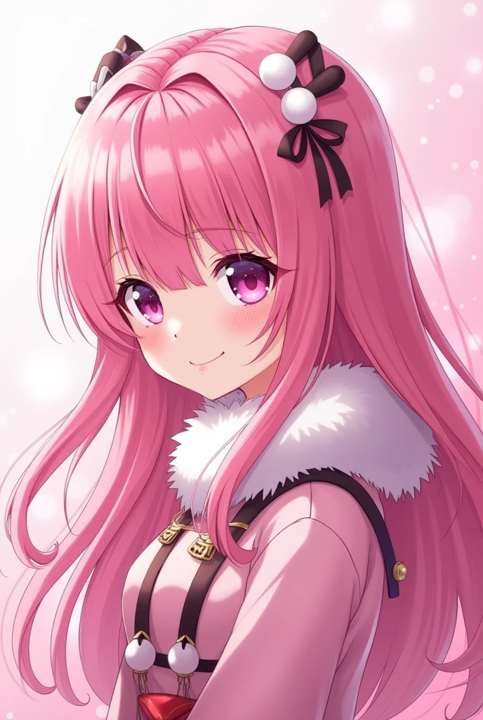 Pink hair girl,fringe to one side,anime, pink eyes, tied fur