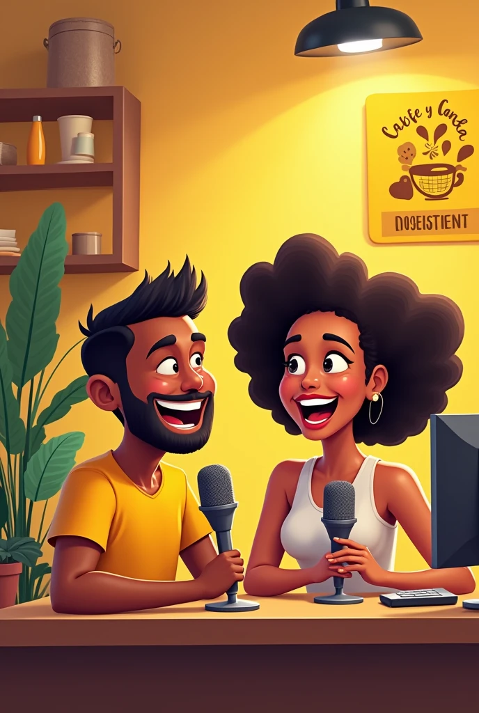 Cartoon of a couple of best friends, a dark-skinned man and a white woman who make a Christian podcast called Café y Canela with the colors yellow and black and they laugh non-stop while they talk on the show
