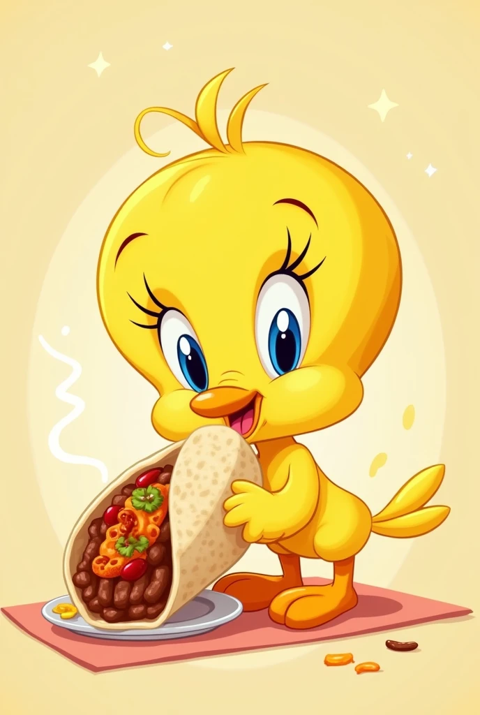 Create a cartoon image of a cute yellow Tweety bird eating a carne asada burrito