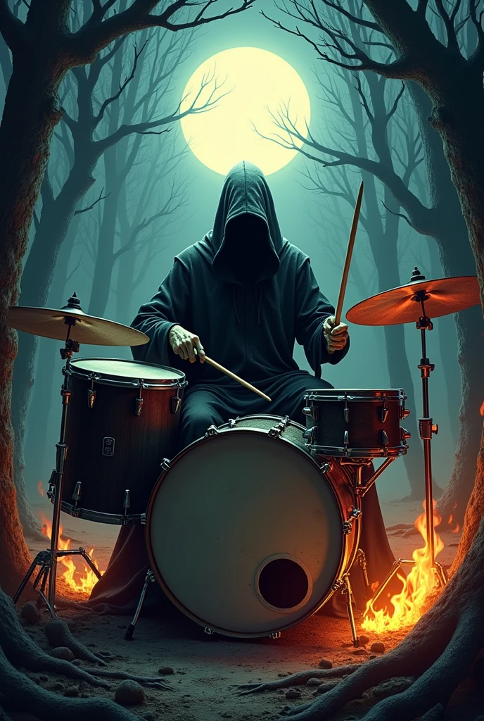 Drummer drums two bass drums dressed as death playing in the forest at night in flames vertically moon