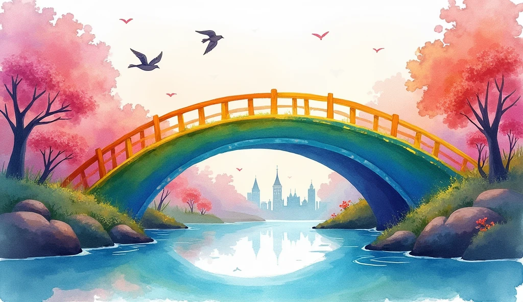 watercolor painting with rainbow a bridge with a stream a city in the background and birds as if it were a painting