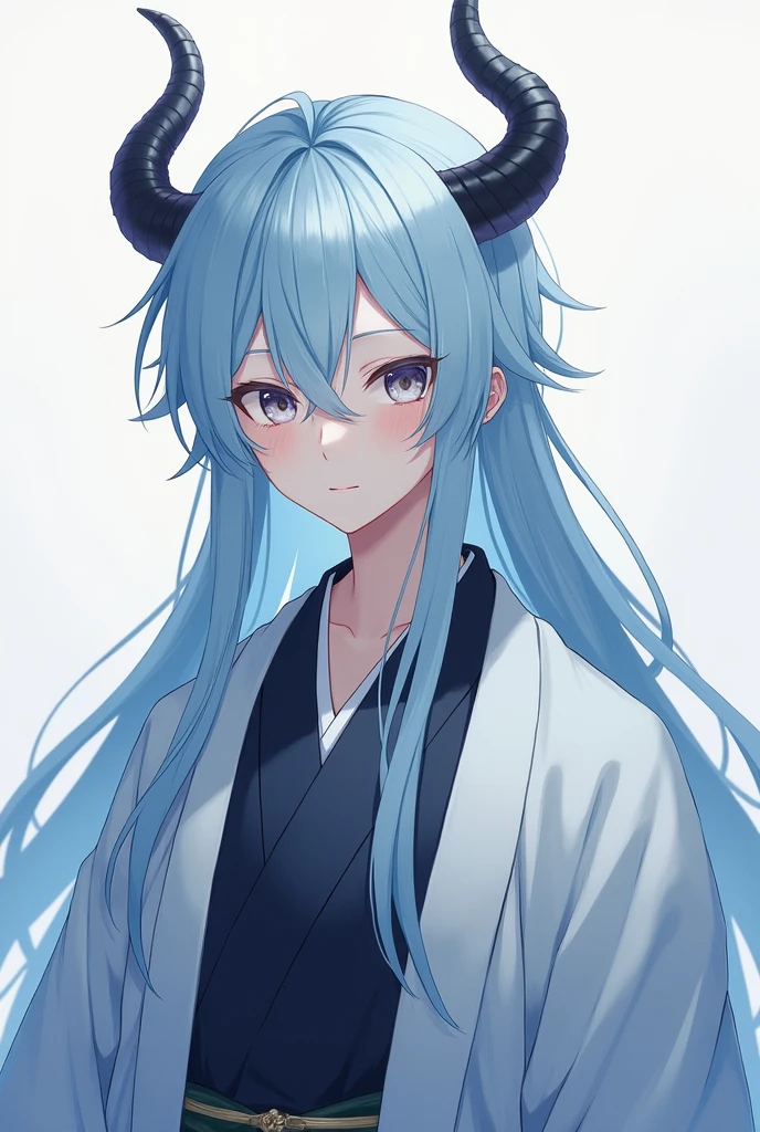 (photorealism:1.2), an anime guy with long light blue hair and horns wearing a haori