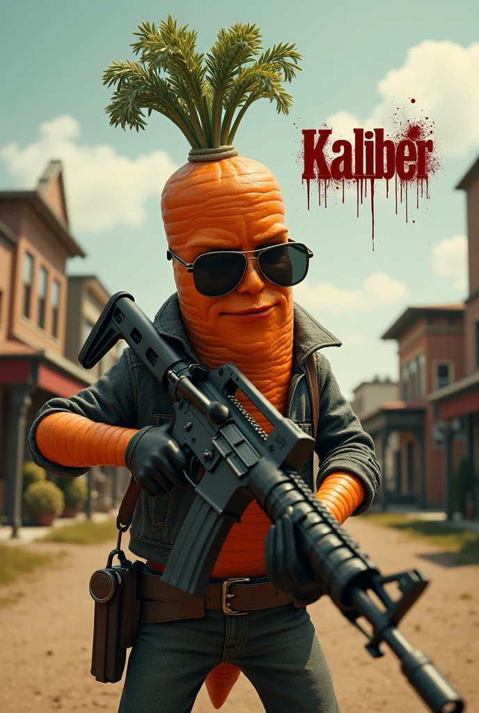 carrot with shades on, holding an assault rifle, town background, with the word kaliber under it in bloody letters, hyper realism, logo
