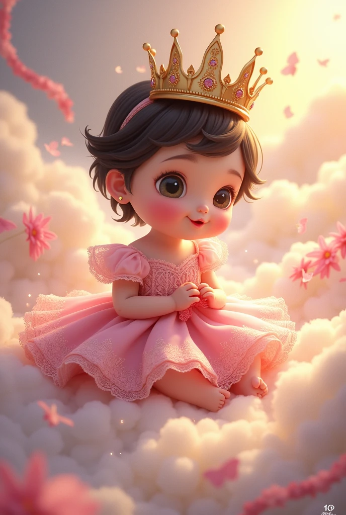 image of baby princess Aurora, for his first year with short black hair, White skin, pink dress, clouds, crown and the thick number 1 and happy birthday and the name Aurora in Spanish