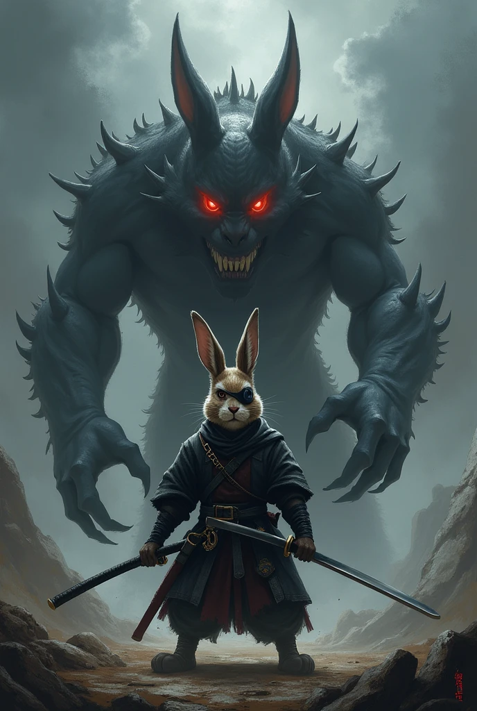 A rabbit with an eye patch on his right eye carrying a katana, Facing a demon 
