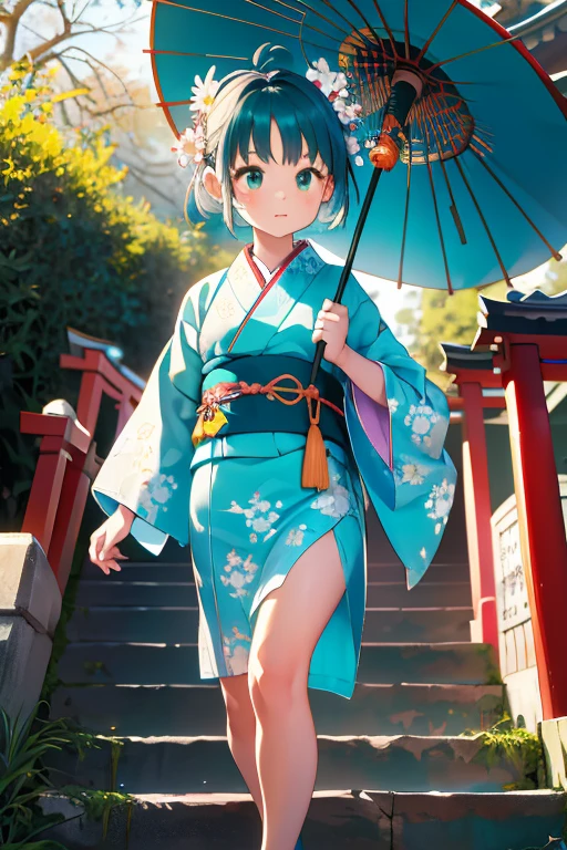 Very , alone, 8-year-old，From below, (White lily flower), beautiful, Complex, Very short stature，Highest quality, Detailed Background, ((girl wearing a patterned teal 着物:1.2)), (Walking through a Zen garden), カジュアルなPause, Detailed Texture, Pause, Floral print，cute loincloth，Hair Flower, hair ornaments, kimono, Short kimono, Outdoor, Pagoda, Holding an umbrella，petal, (Short teal kimono), sash, shrine, null, Stone stairs, torii, Wide sleeves, Short yukata，