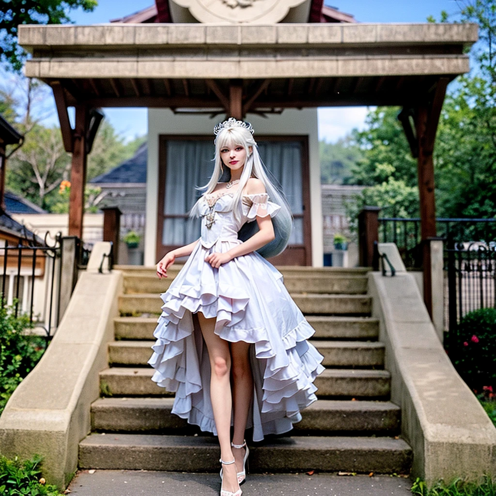 A princess with long white hair, has freckles, with a short light orange dress and crystal heels