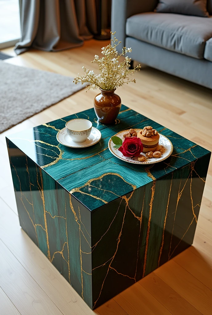 Small square table, perfect for serving coffee, handcrafted with a two-way mirror glass top that creates a stunning visual effect resembling a deep, endless tunnel.. The table is completely covered with a layer of epoxy in shades of blue and dark green, interspersed with shiny gold stripes in the form of veins and intertwined lines exactly as in the picture, which gives a sense of luxury and distinction. The sides are completely covered with epoxy with no visible gaps.. The table is decorated with simple decorations such as golden swags, small flowers, a cake, nuts, a red rose, and a tea cup.. The table is placed on a light-coloured wooden floor to enhance the contrast between the luxurious design and modern colours, making it a distinctive piece of art in any room or living room.