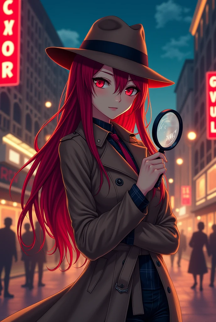 Anime character woman with long red hair and red eyes dressed as a detective with a magnifying glass in her hand in a London city at night