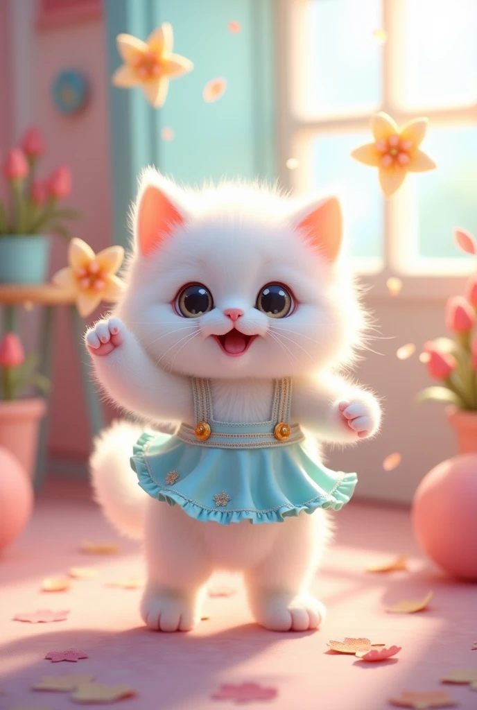 A small kitten stands on its hind legs,The cutest kitten I've ever seen,Adorable appearance!!!,White Cat,
Cute candy house background,He dances,
She is wearing a frilly outfit like a cute idol in light blue.