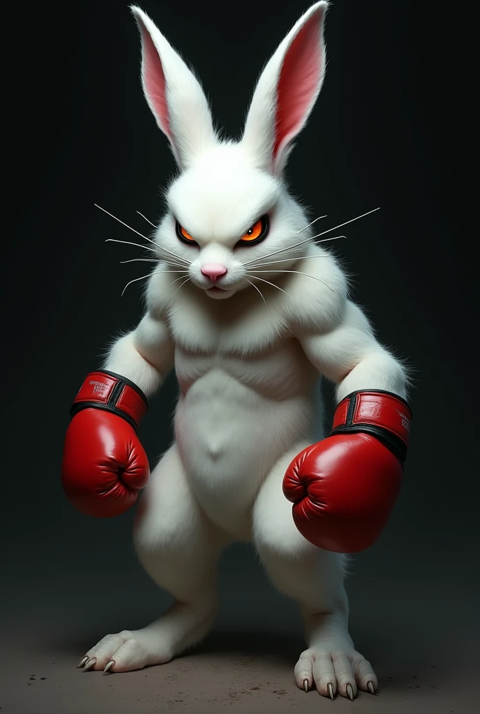 A brave white boxing rabbit, with a scary red boxing glove, macabre without being cute and without being realistic,