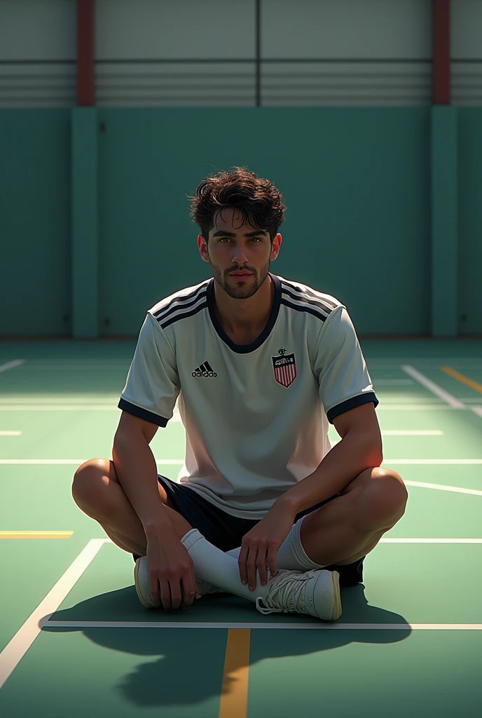 A Futsal player sitting thoughtfully on a futsal court