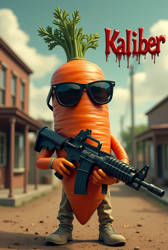  carrot with shades on, holding an assault rifle, town background, with the word kaliber under it in bloody letters, hyper realism, logo