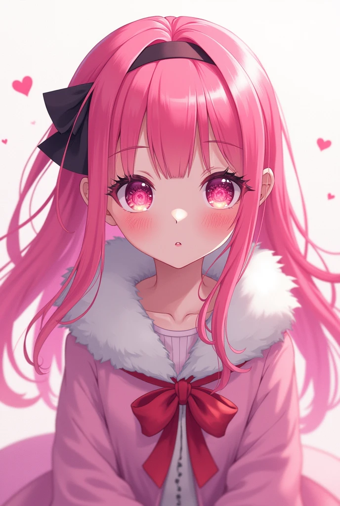 Pink hair girl,fringe to one side,anime, pink eyes, tied fur