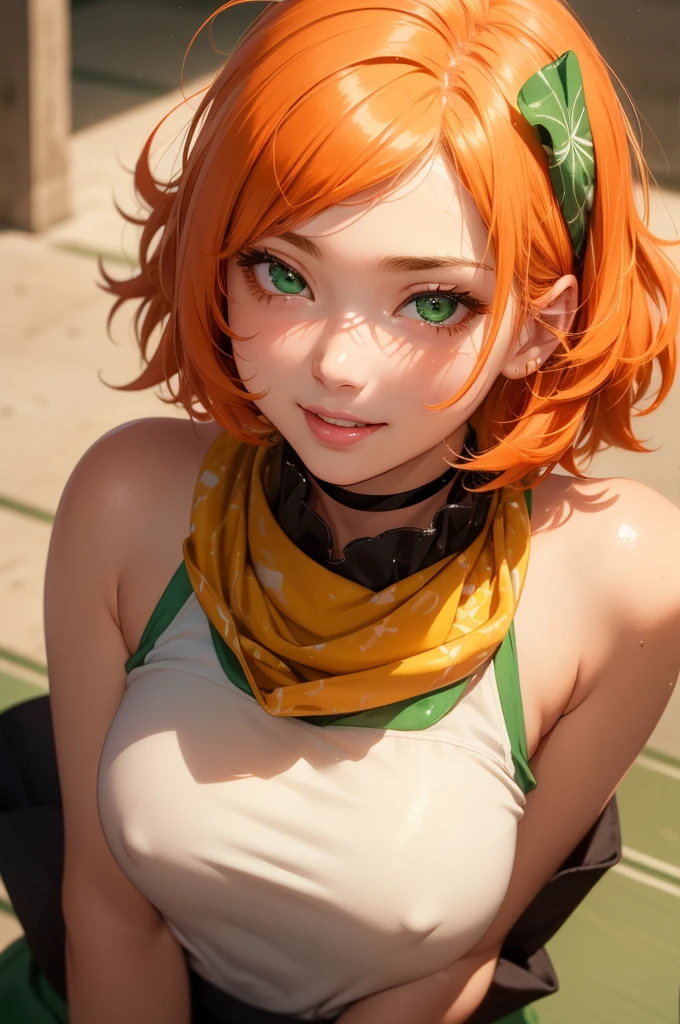 super high image, super detail, super high resolution, lip focus, cute girl, flat chest, moist lips, focus on lips, ecstatic expression, amorous expression, seductive smile, light-orange hair, messy wild short hair, green sparkling big eyes, glossy eyeshadow, shiny skin, white bandana, choker, bakery, modern look, semen