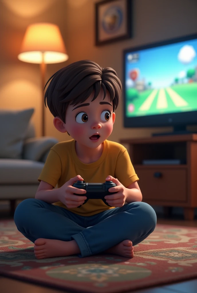 I want a picture of a  boy with dark brown hair, of short stature, playing videogames. He is sitting on the floor of a living room with a video game controller in his hands, staring intently at a screen in front of him. Wear a casual t-shirt and jeans. In the living room you can see some furniture such as a sofa and a coffee table., and there is a homey decoration in the background.