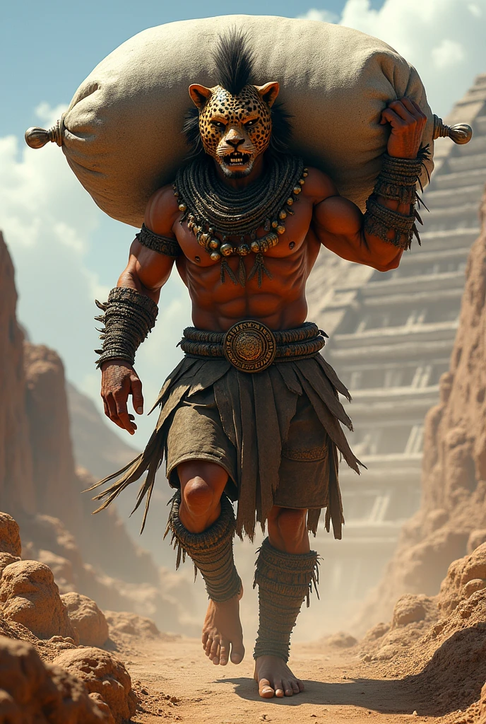 Aztec jaguar animal warrior carrying a sack of cement on his shoulder