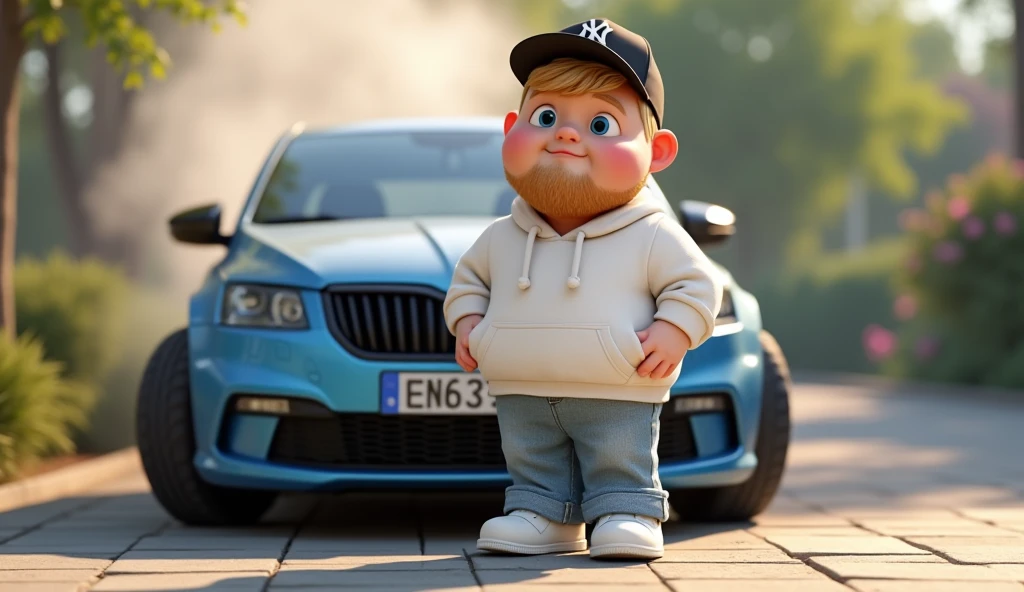 Im Stil von Pixar 3D-Animations-Filmen. a young man, small and chubby, light beard growth, White hoodie, light blue wide jeans, white sneakers, blue eyes, short blonde hair, black NY cap. Standing in front of a Skoda Octavia VRS with smoke coming from the engine compartment.