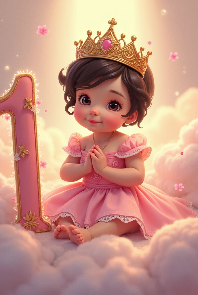 image of baby princess Aurora, for his first year with short black hair, White skin, pink dress, clouds, crown and the thick number 1 and happy birthday and the name Aurora in Spanish