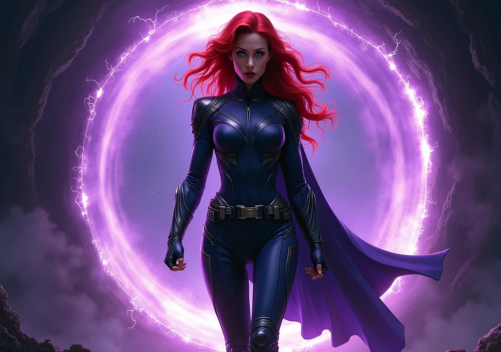 red-haired woman,with avenger outfit,entering a purple portal,background darkness abyss