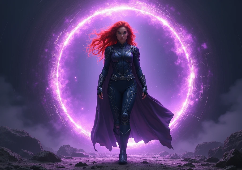red-haired woman,with avenger outfit,entering a purple portal,background darkness abyss