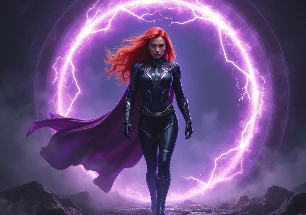 red-haired woman,with avenger outfit,entering a purple portal,background darkness abyss