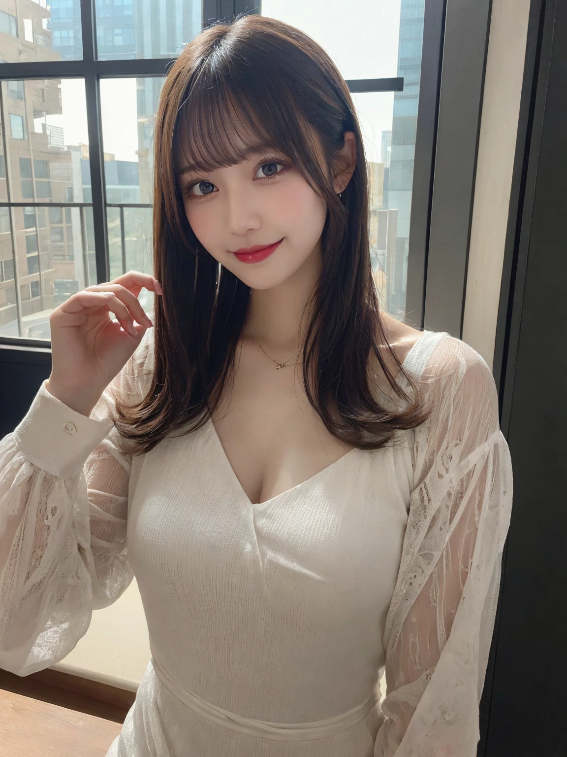 Tabletop, Highest quality, figure, Very detailed, In detail, High resolution, 8k wallpaper, Perfect dynamic composition, Beautiful attention to detail, dress,Medium Hair, Center of chest, Natural color lip, Random sexy poses,smile,Tower apartment