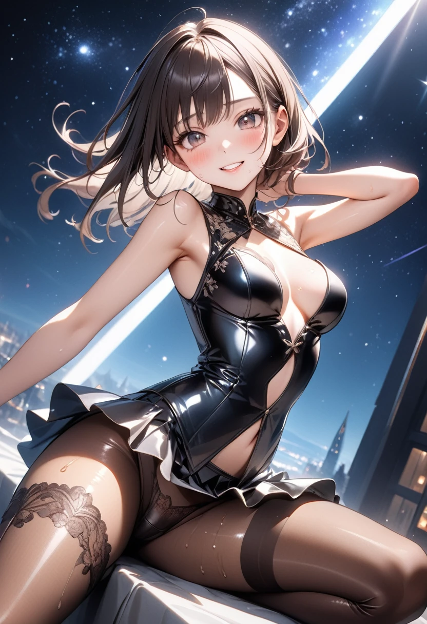 (Evil smile), (((Costumes that exude sexy evil, Gorgeous embroidery, Leather panties, skirt, Pantyhose))), ((Shiny Costumes)), ((skindentation)), skinny, solo, 1 woman, Masterpiece, highest quality, highest quality, 16K, incredibly absurd, highly detailed, 2.5D, ai-generated, delicate and dynamic, very delicate facial expressions, delicate eye depiction, erotic, only sexy woman, ((A cute and kind face)), healthy figure, ((25-year-old woman)), 160cm tall, medium firm swaying bust, Dark Hair, blush, Sweat,Embarrassed,sexy, ((thin thighs)), shiny and lustrous, facing straight at viewer, (((in heat))), ((Oily_skin)), ((Lots of sweat)), (((Brown Skin))), ((dutch angle)), ((erotic pose)), (((Dynamic Pose))), ((Starry Sky)), (Metallic clothing:0.9), (sit),