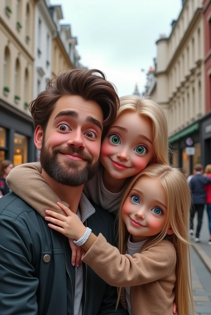 Blonde child , blue eyes very long hair hugging her father, brown hair and eyes and her mother blonde green eyes long hair taking a selfie on the streets of London 8k ultra realistic