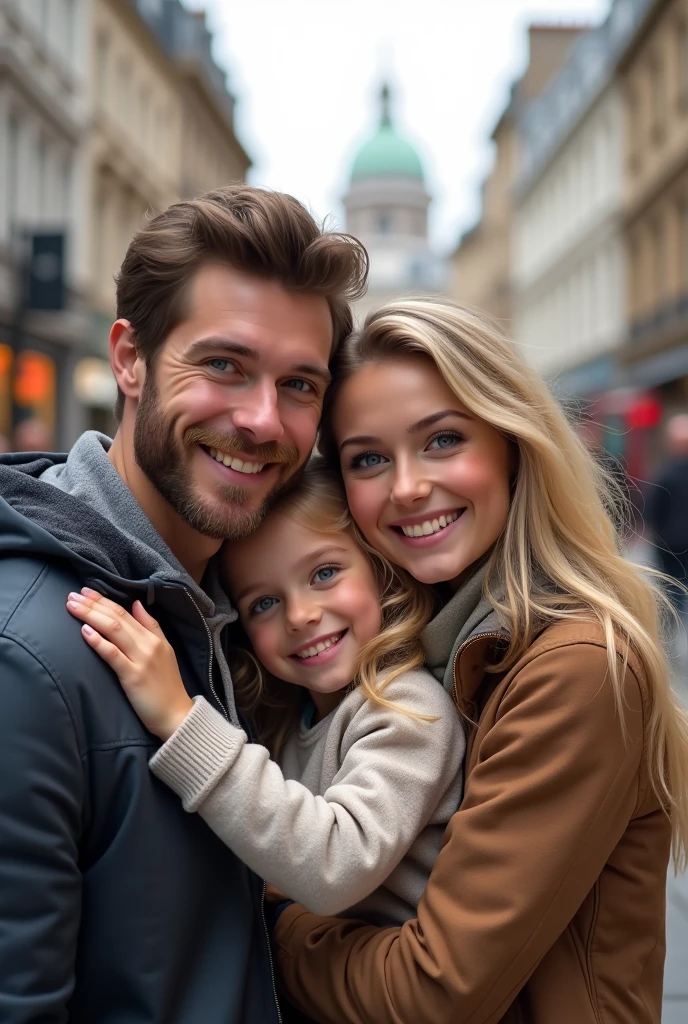 Blonde child , blue eyes very long hair hugging her father, brown hair and eyes and her mother blonde green eyes long hair taking a selfie on the streets of London 8k ultra realistic