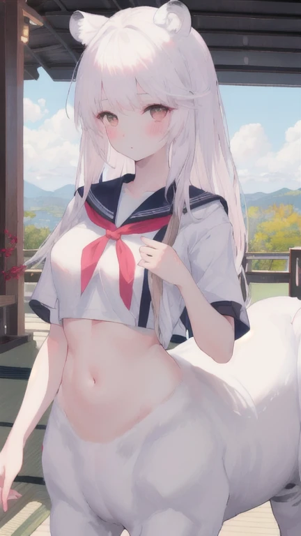 (best quality, masterpiece), 1 girl, centaur, I beg, White skin, Japanese schoolgirl,daughter,black pink, exposing the abdomen, belly button t-shirt , beautiful girl perfect, White tiger photo, 완벽한 White tiger photo