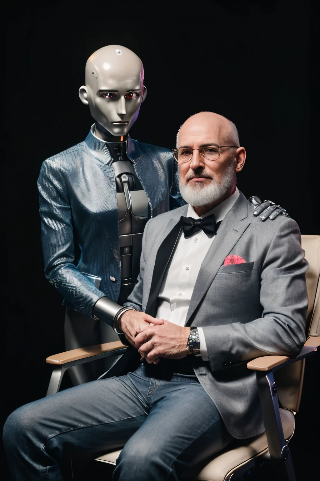 photographic portrait, in fantastic style, two figures, a man of 60 years, (bald, very short trimmed gray beard), diamond face shape, athletic figure, dressed in a denim suit, sits in a chair. A robot is standing next to the man (the robot looks like a woman), robot arm hugs men, Both look into the lens, (masterpiece), photographic portrait, The best quality, ultra high resolution, RAW photo, Nikon D850, Cinematic lighting, ((on a blurred background) ), disco