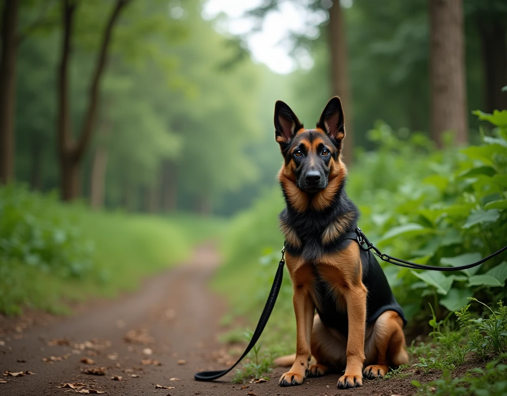 A Belgian Shepherd dog is sitting on the right side of the image, surrounded by lush greenery and plants. The dog is wearing a special running leash and is looking directly at the camera. On the left side of the image, there is a wide view of the natural environment, showcasing a dense forest with tall trees, bushes, and a dirt trail. The scene is captured in a high-resolution DSLR style with a wide-angle lens, and the f/4 aperture creates a soft blur effect in the background, emphasizing the depth of the landscape.