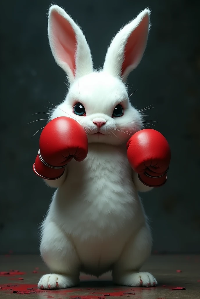 A brave white boxing rabbit, with a scary red boxing glove, macabre without being cute and without being realistic, WITHOUT BEING CUTE