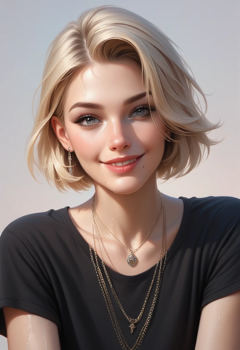 Highest quality, masterpiece, One person, alone, Realistic, short hair, Mole, Mouth closed, Blonde, Grey Eyes, lips, shirt, necklace, jewelry, black shirt, smile、Wet、whole body、Cute Face、Well-formed face、Golden Ratio、Open-chested clothing、