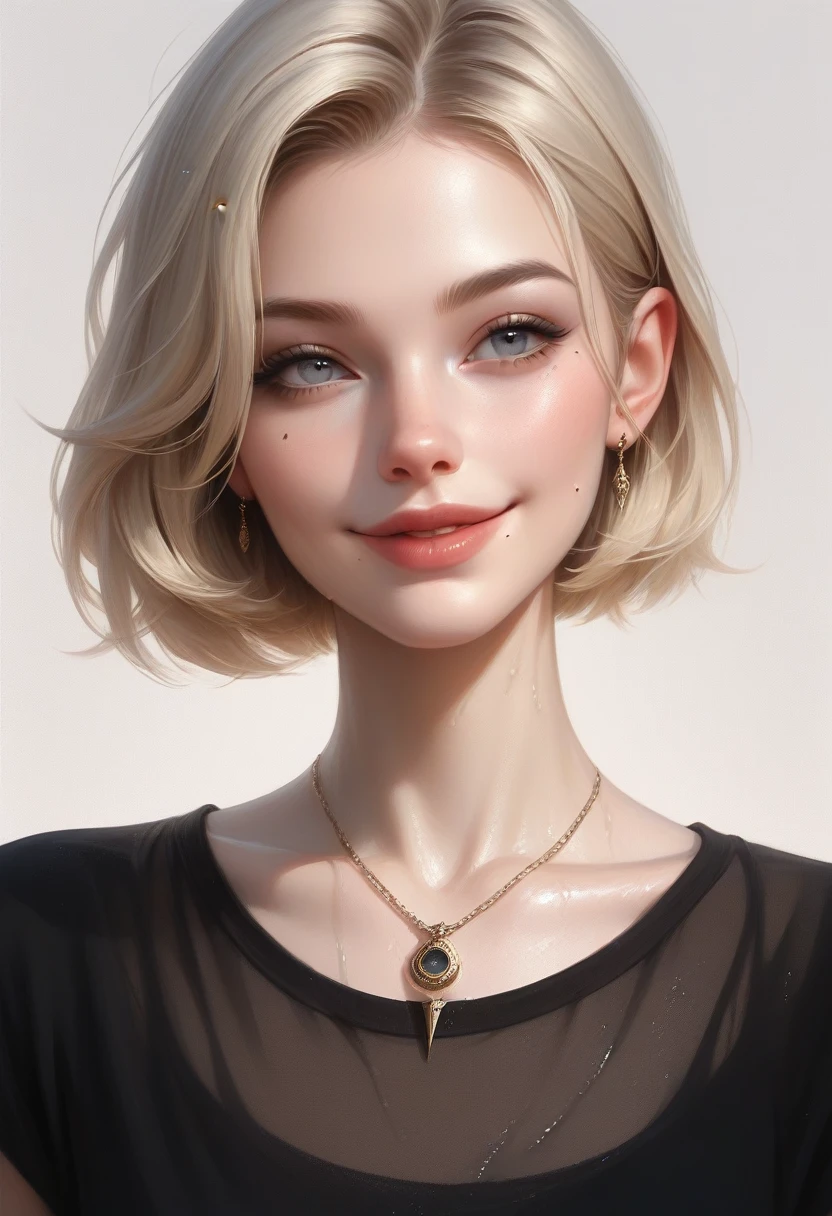Highest quality, masterpiece, One person, alone, Realistic, short hair, Mole, Mouth closed, Blonde, Grey Eyes, lips, shirt, necklace, jewelry, black shirt, smile、Wet、whole body、Cute Face、Well-formed face、Golden Ratio、Open-chested clothing、